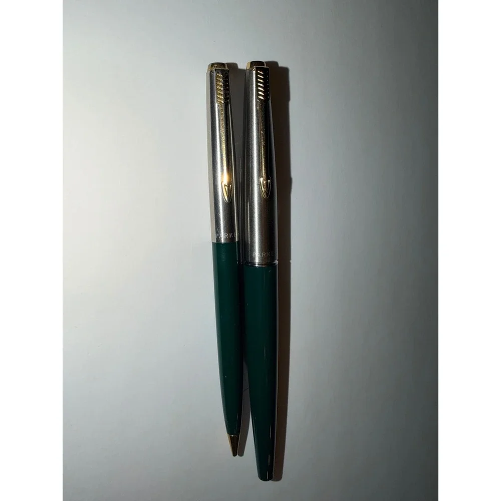 Parker Fountain Pen and Ballpoint Pen Set Deep Green Gold Trim‎ Vintage 1960's